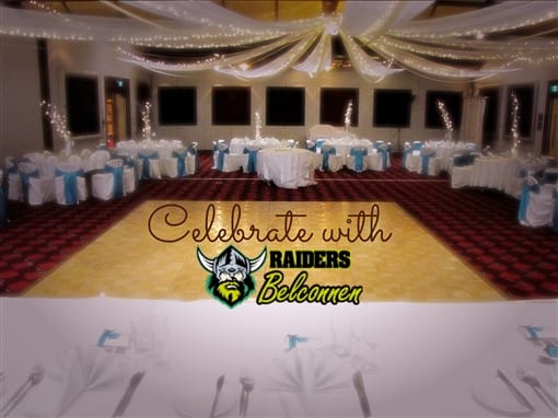 A function room set for a celebration, with Celebrate with Raiders Belconnen on the dance floor