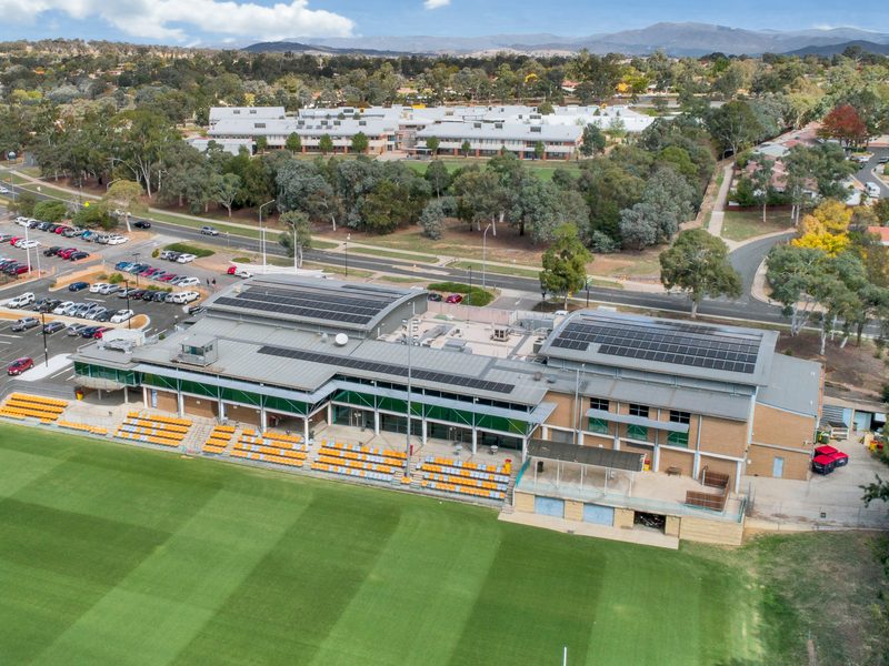 Raiders Belconnen from the air, its grandstand facing the oval